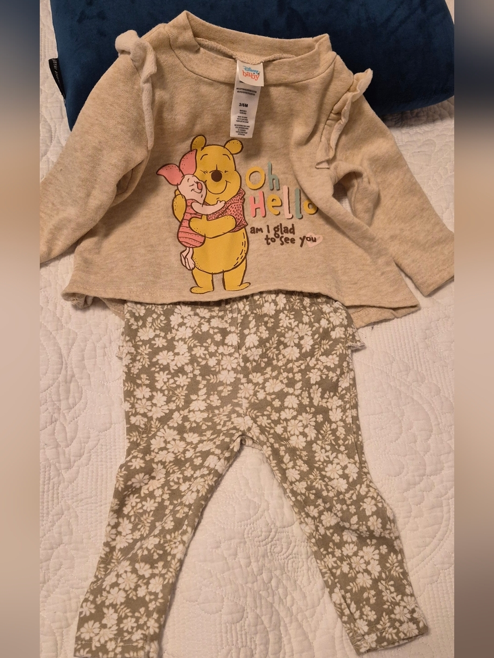 Winnie the Pooh & Piglet Baby Top and Floral Leggings - Beige/Olive